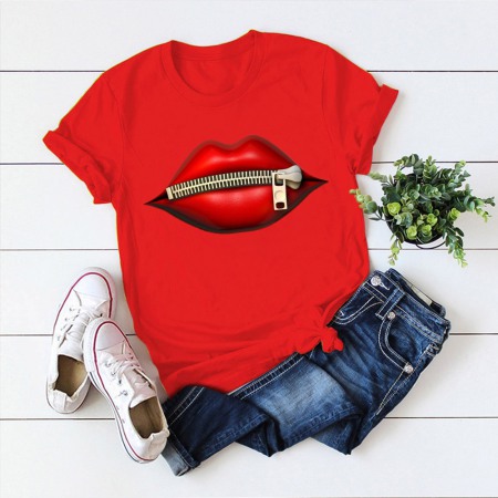 Women's Cotton T-Shirt Lip Printing Plus Size Multicolor